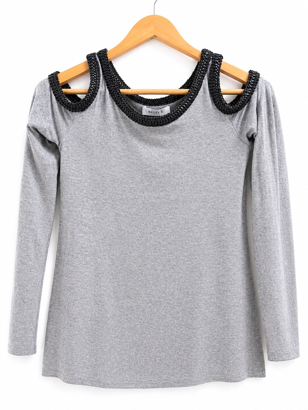 Bailey 44 Gray Cold-Shoulder Long-Sleeve Top with Black Metallic Collar